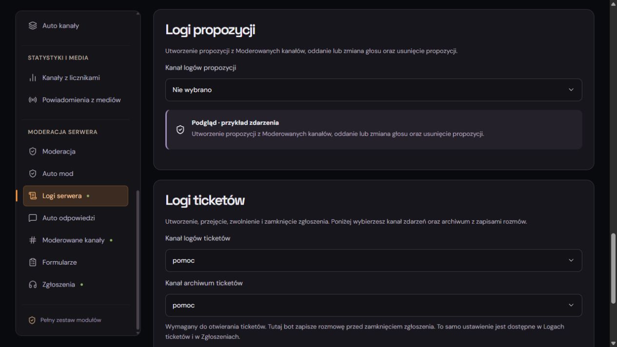 Sekcje Logi propozycji i Logi ticketów z osobnymi polami kanału logów oraz archiwum.