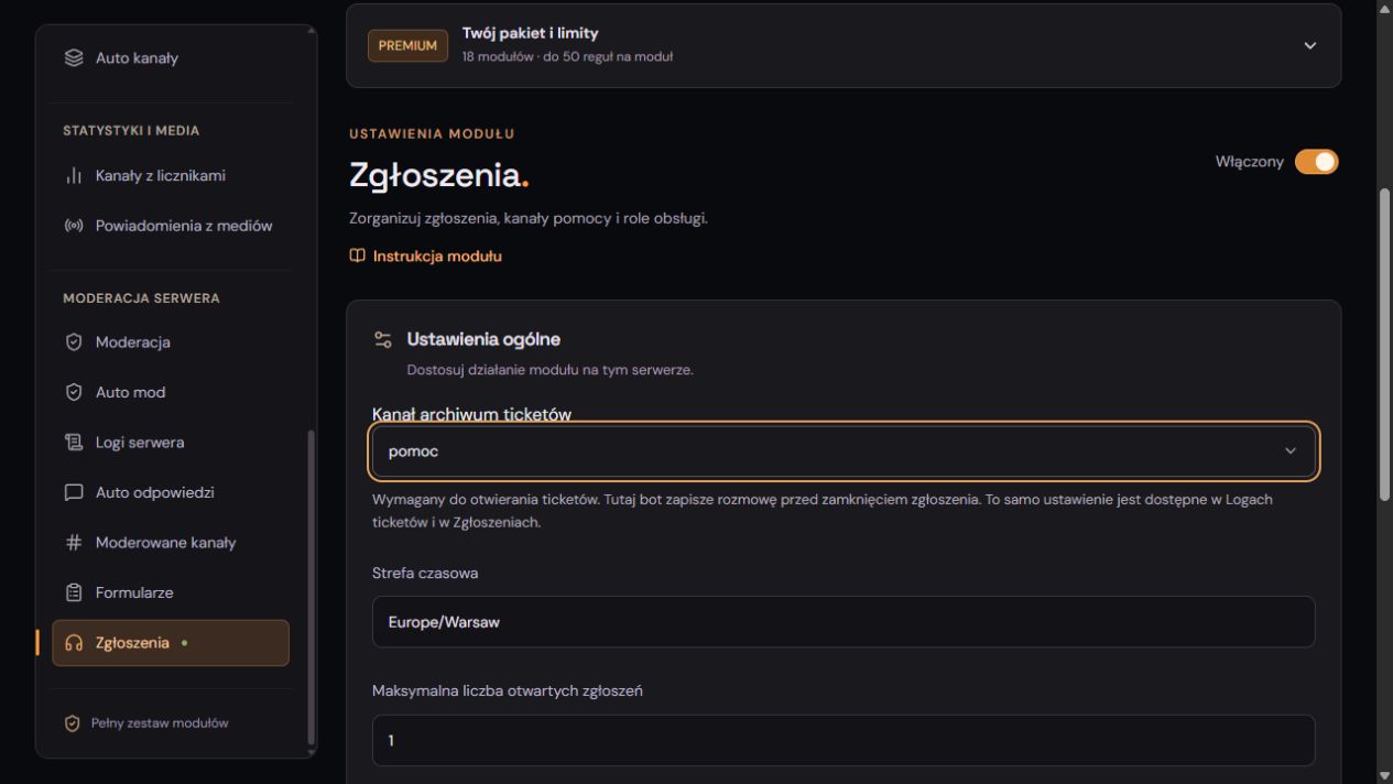 Ustawienia Zgłoszeń z wybranym kanałem archiwum ticketów, strefą czasową i limitem otwartych zgłoszeń.